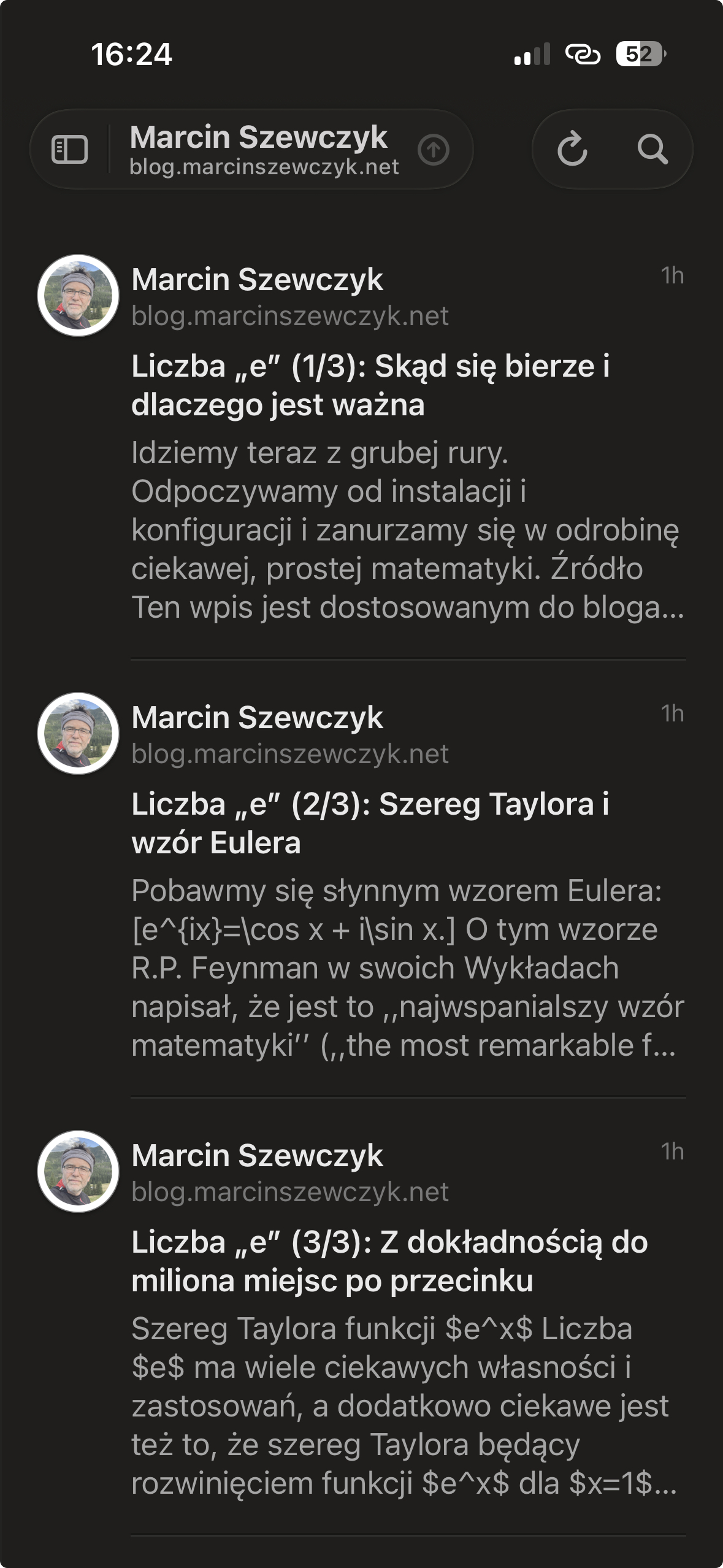 View of the blog’s RSS feed in a reader on iPhone